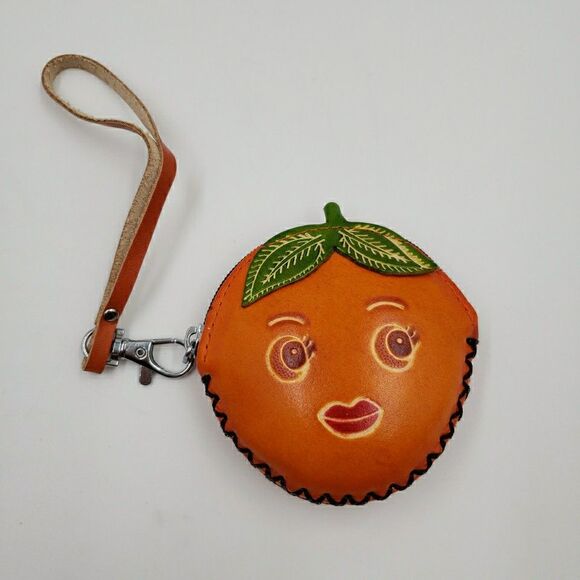 ORANGE FRUIT Pendant Jewelry Pouch Handmade Leather Whimsy Gift Zip Coin Purse - Picture 12 of 13